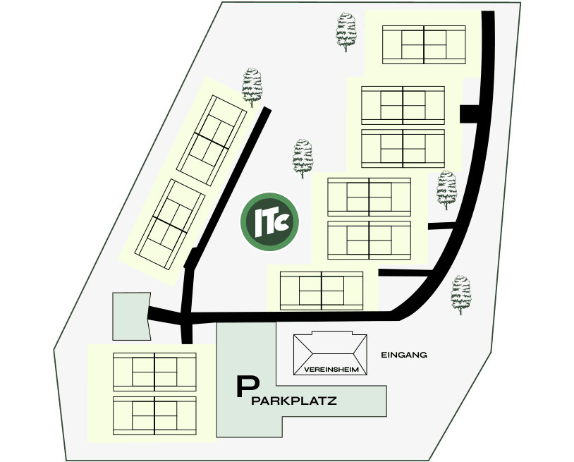 Lageplan der Clubanlage mit Plätzen 1 bis 10, Padelplatz, Vereinsheim und Parkplatz